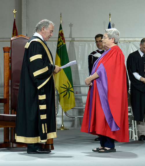 York University Chancellor Gregory Sorbara awards the honorary degree to Marion Boyd
